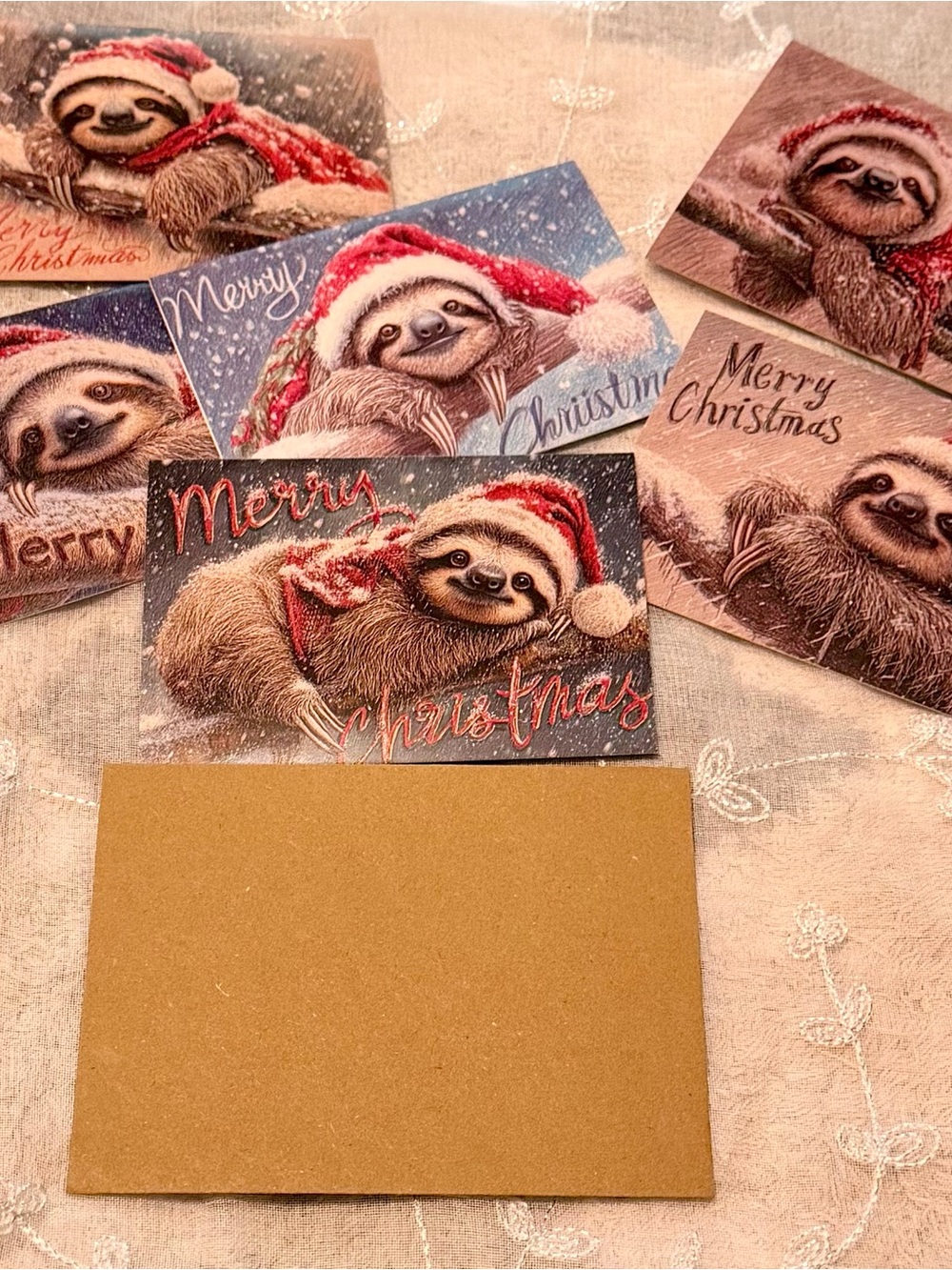 6 Holiday Sloth Christmas Cards w/ envelopes - Red Santa Hats